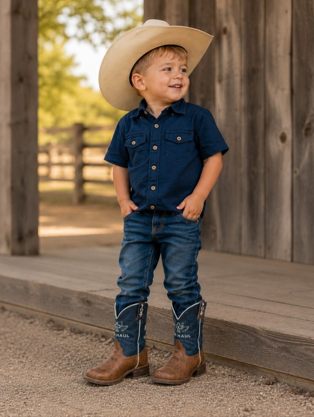 Kids TIN HAUL "EMOJI" navy blue &brown leather cowboy boots square toe sz 1 EUC